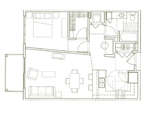 Floor plan for 1 bed, 1 bath, 738 sqft